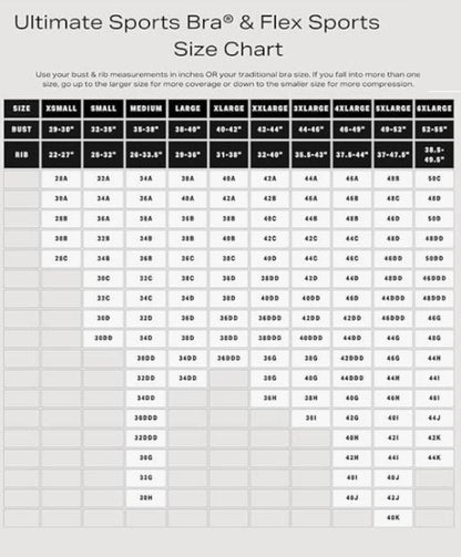 Size chart for Ultimate Sports Bra & Flex Sports with bust and rib measurements.