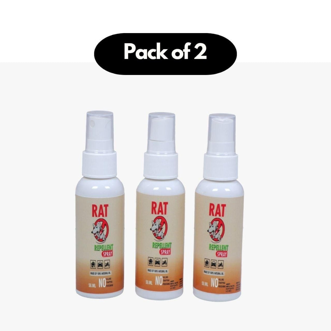 Three rat repellent spray bottles with a white and brown gradient design on a white background.