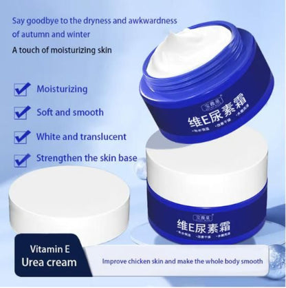Vitamin E Urea cream packaging with text on a blue background