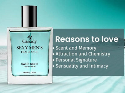 Perfume bottle labeled 'Cassidy Sexy Men's Fragrance Sweet Night' with promotional text on a light blue background.