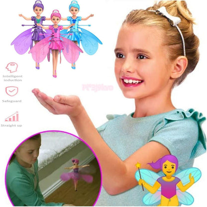 Girl holding a toy fairy figure with inset showing its intelligent induction feature.