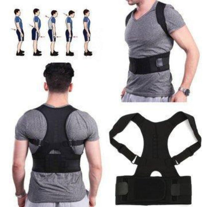 Black posture corrector worn by a person with side and back views, and a close-up of the device.