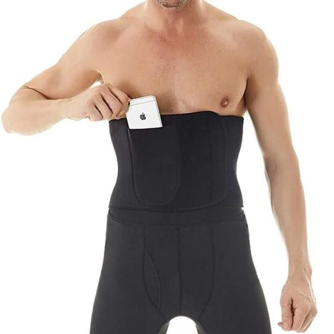 Man wearing a black waist trainer holding a smartphone with an Apple logo.