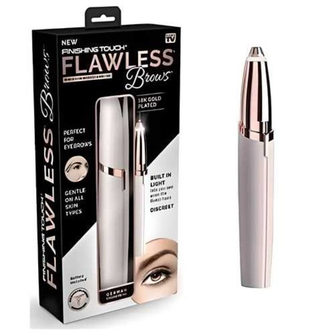 The image shows a Painless Professional Eyebrow trimmer in silver color, along with its packaging. The trimmer is designed for precise eyebrow shaping, and the package highlights its painless operation.
