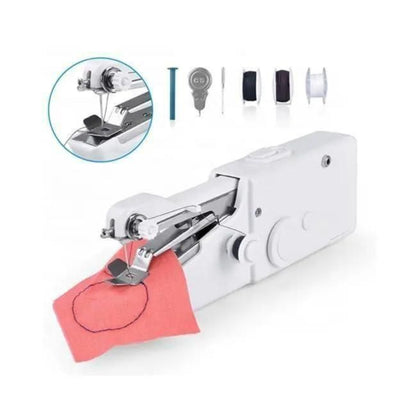Portable sewing machine with attachments on a white background