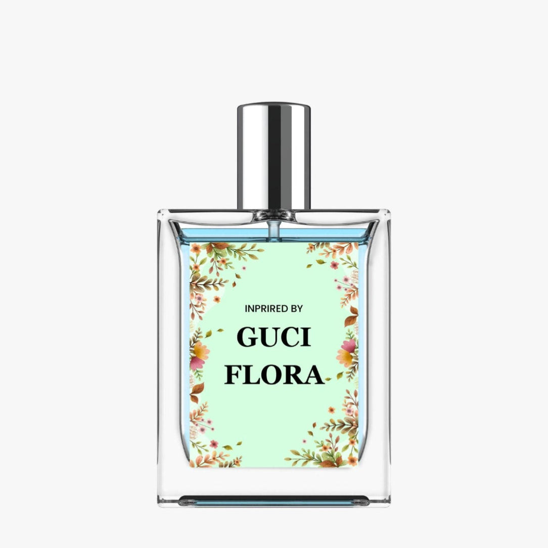 Perfume bottle inspired by Gucci Flora on a white background