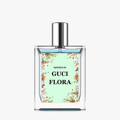 Perfume bottle inspired by Gucci Flora on a white background