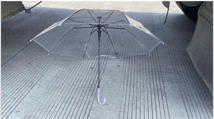 Clear umbrella on a tiled floor with a car in the background