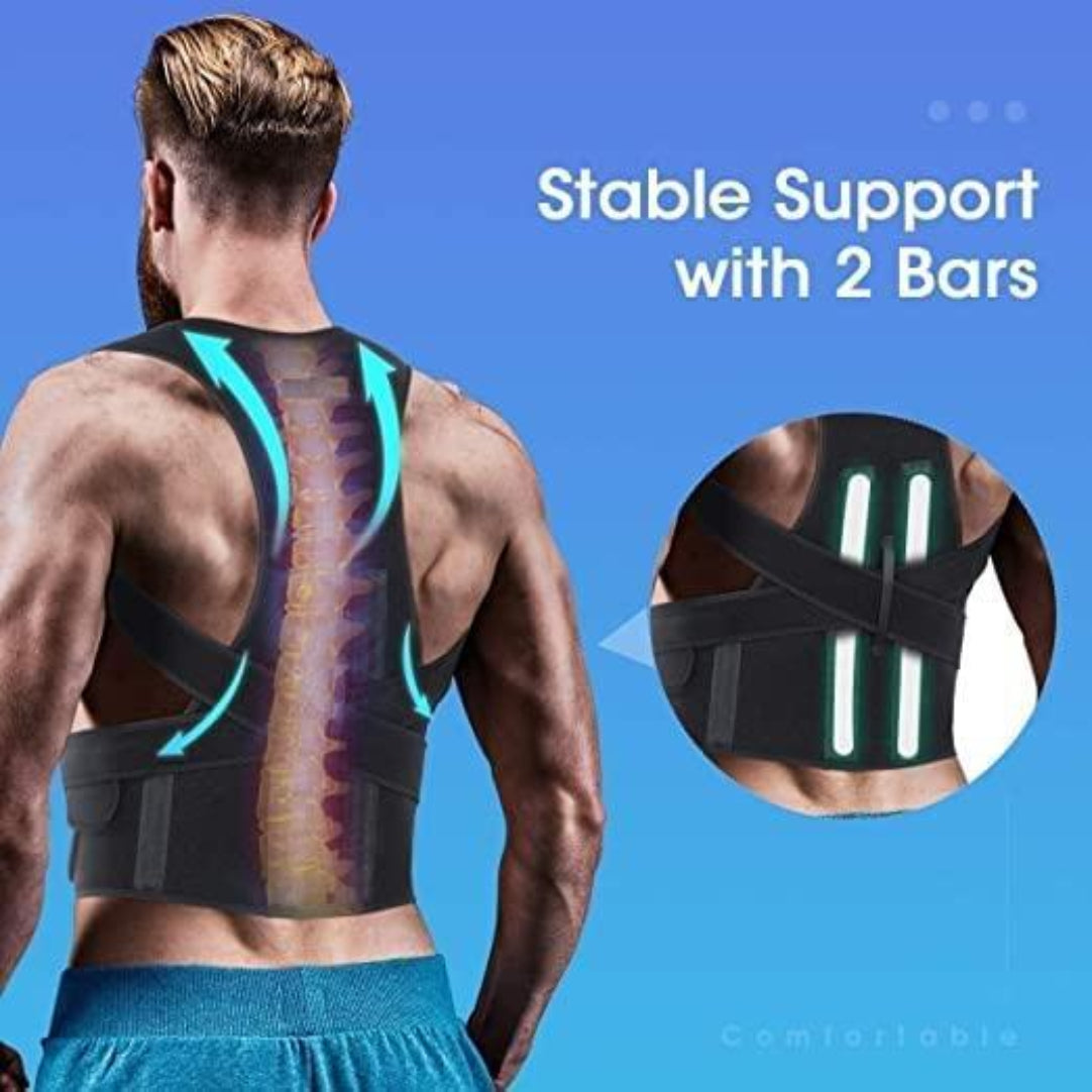 Man wearing a back support brace with text 'Stable Support with 2 Bars' on a blue background.