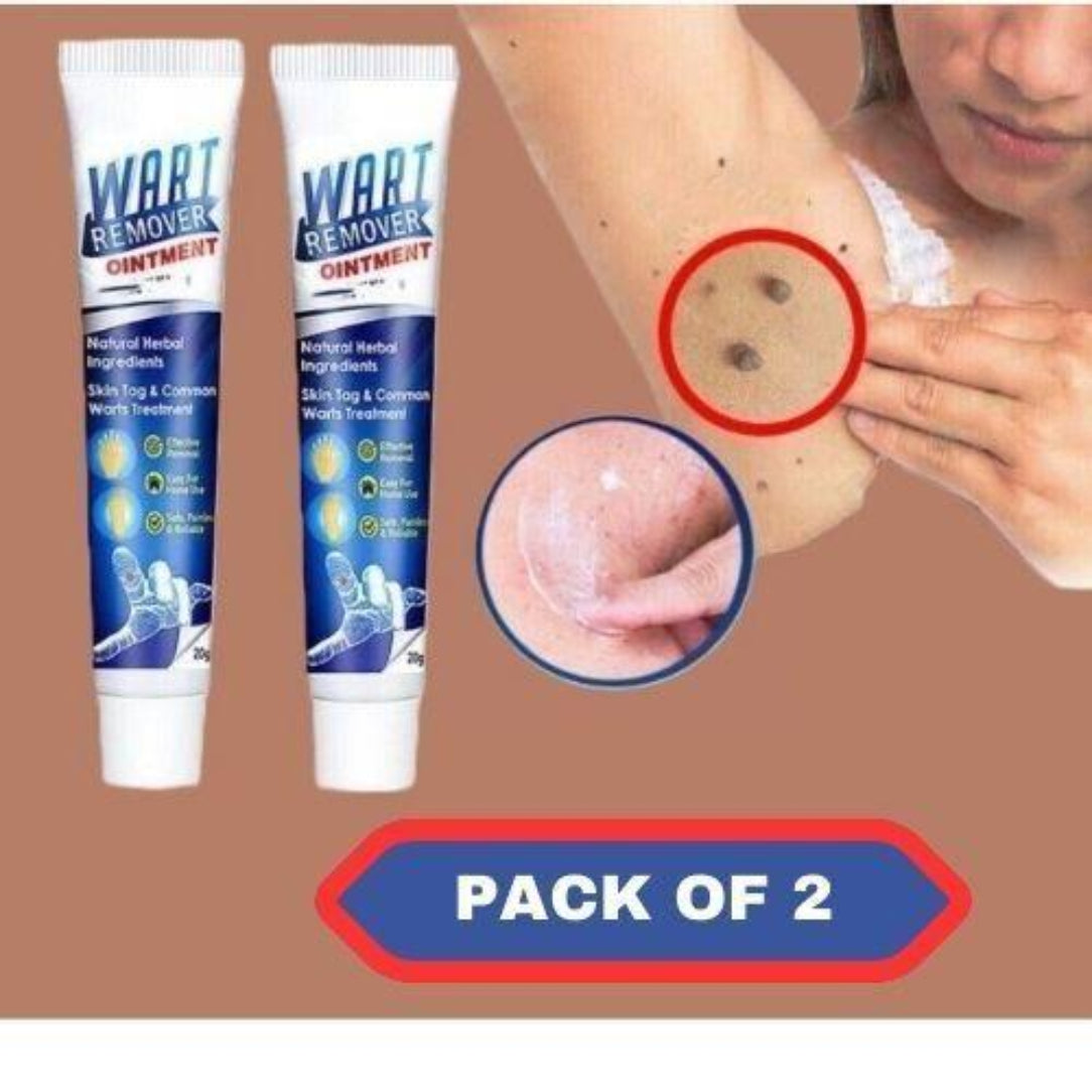 Wart remover ointment packaging with a close-up of skin with warts and a person applying the ointment.