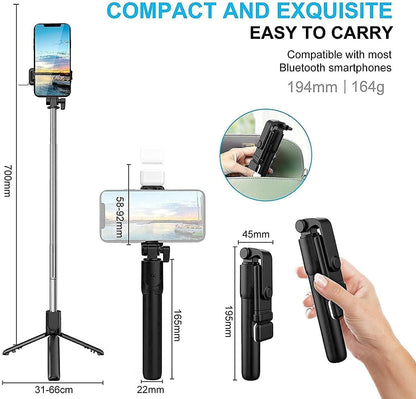 Extendable Flash 3-in-1 Selfie Stick Tripod with Bluetooth Remote.