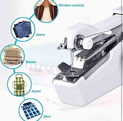 Sewing machine with attachments for various fabric types on a white background