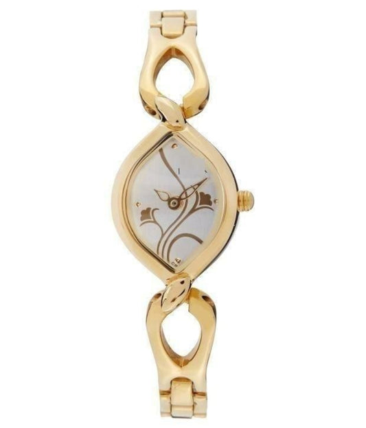 Titan analog silver dial women's watch with a gold-colored case and multi-color metal band.