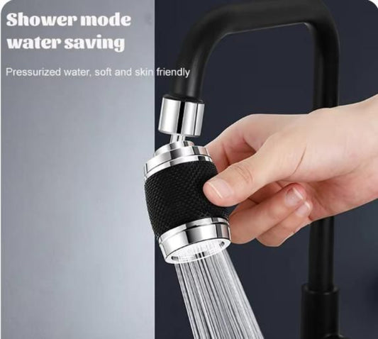 Handheld shower head with water flowing, labeled 'Shower mode water saving' on a gray background.