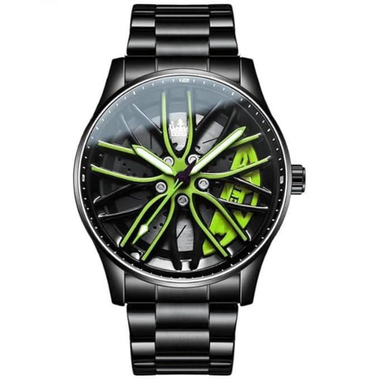 A black alloy steel car wheel wristwatch with a unique dial inspired by a car wheel design, featuring green accents.