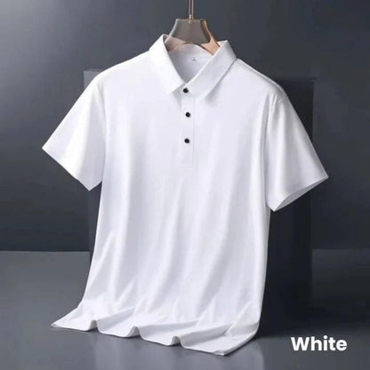 White polo shirt on a mannequin against a dark background