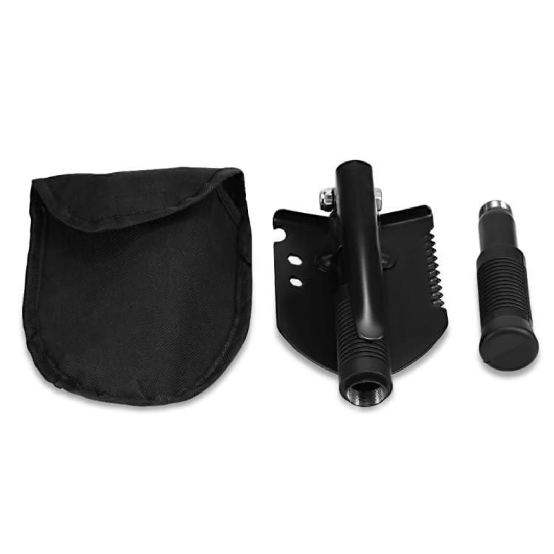 Black multi-tool with sand scoop and black pouch on a white background