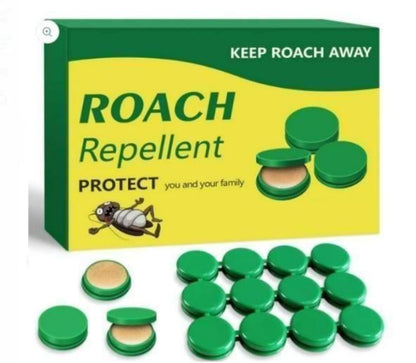 Roach Repellent packaging with green capsules on a white background