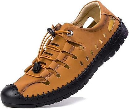 A pair of men's brown leather shoes with lace-up closure.