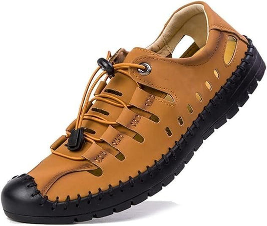A pair of men's brown leather shoes with lace-up closure.