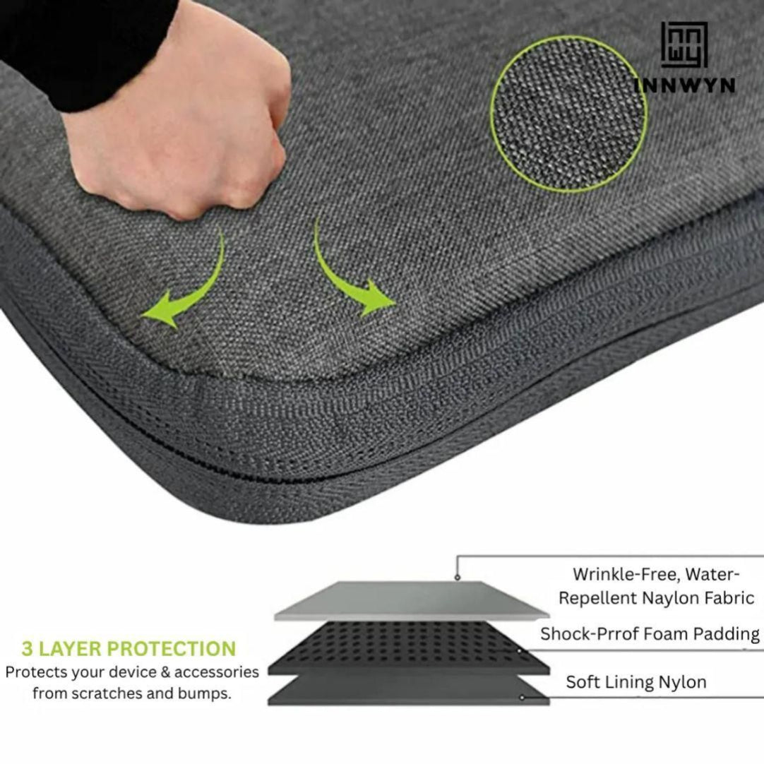 Gray protective case with text detailing features and a hand demonstrating its use.