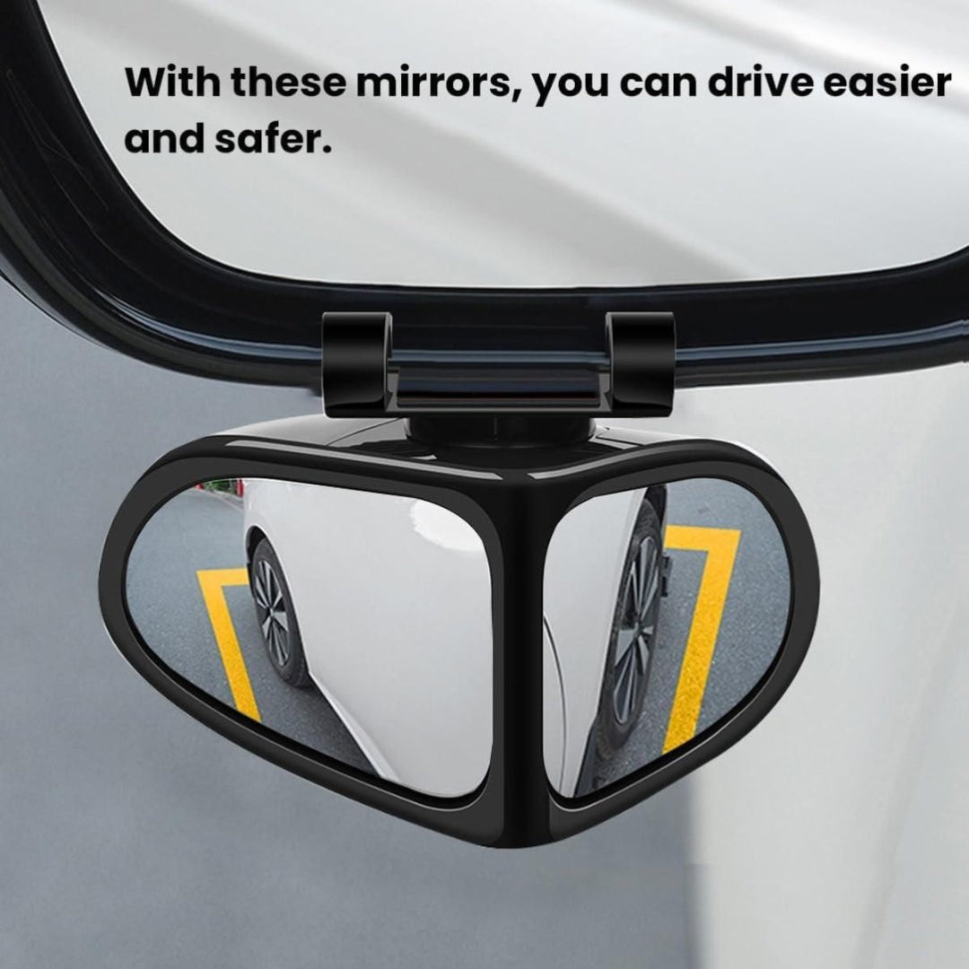 Car side mirror with a black frame, showing a split view of a car's wheels on a gray background.