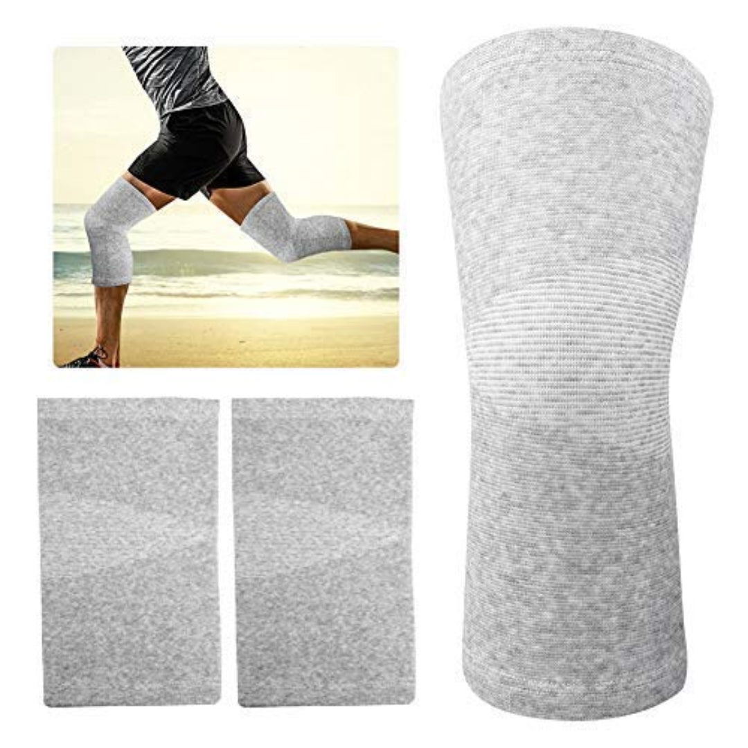 Gray compression sleeve on a person's leg with beach background, close-up of sleeve texture, and cylindrical sleeve display.