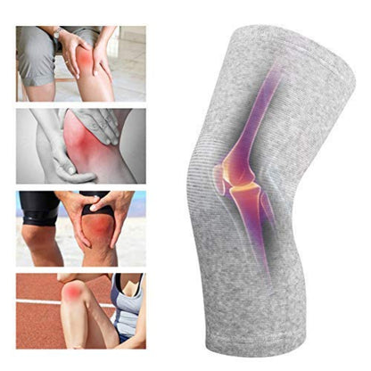 Gray knee brace with a detailed view of a knee joint, surrounded by images of people experiencing knee pain.