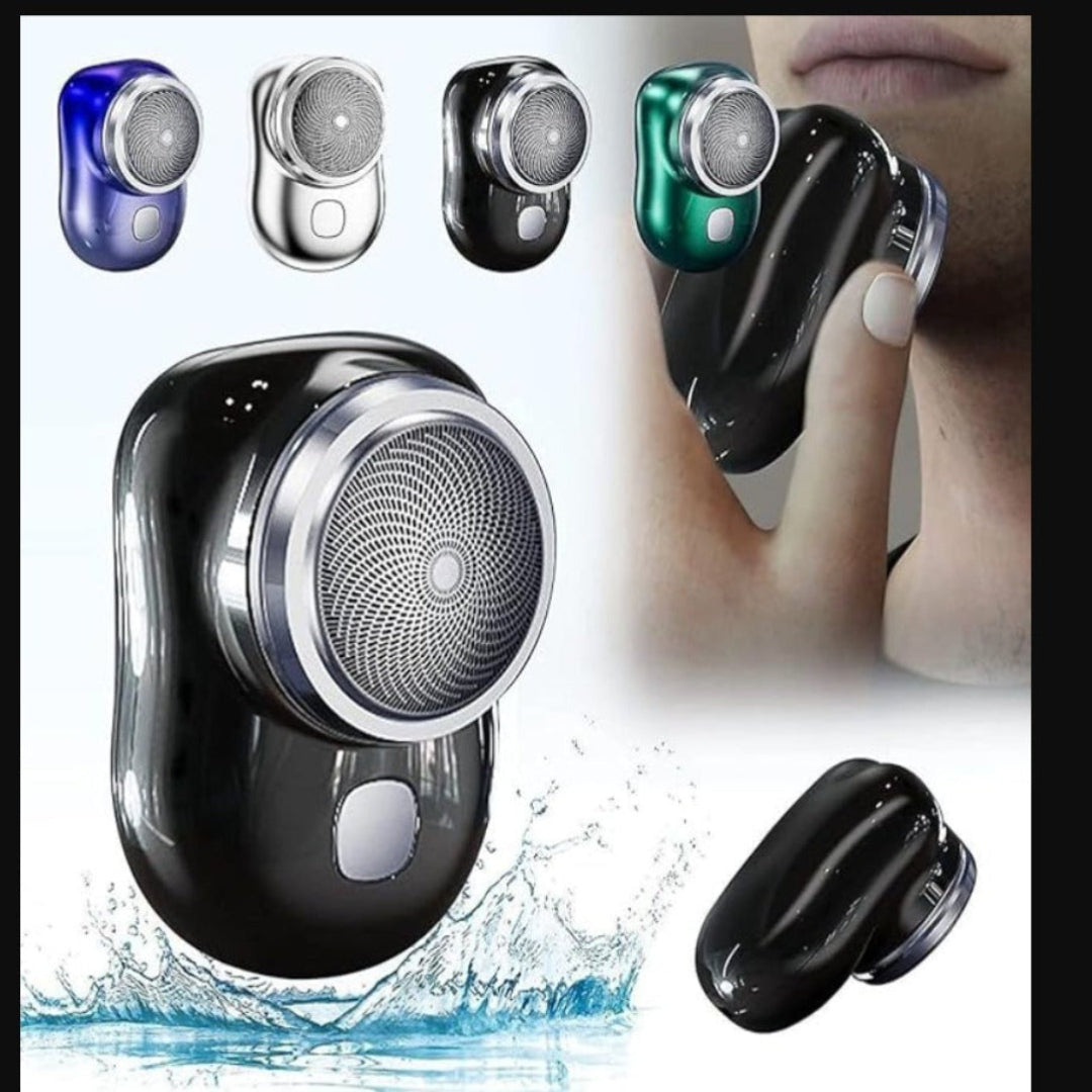 Black electric shaver with water splash graphic, shown in various colors including blue, silver, and green.