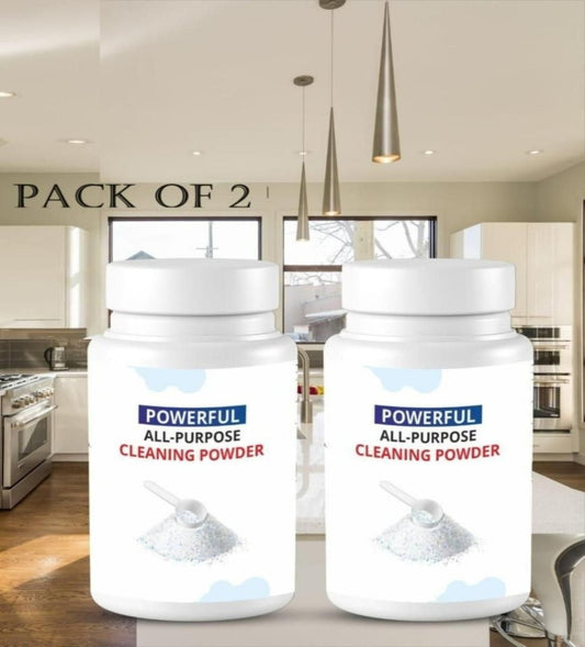 Two bottles of All-Purpose Instant Kitchen Cleaning Powder in a modern kitchen setting. The powder is depicted as a cleaning agent in this context.