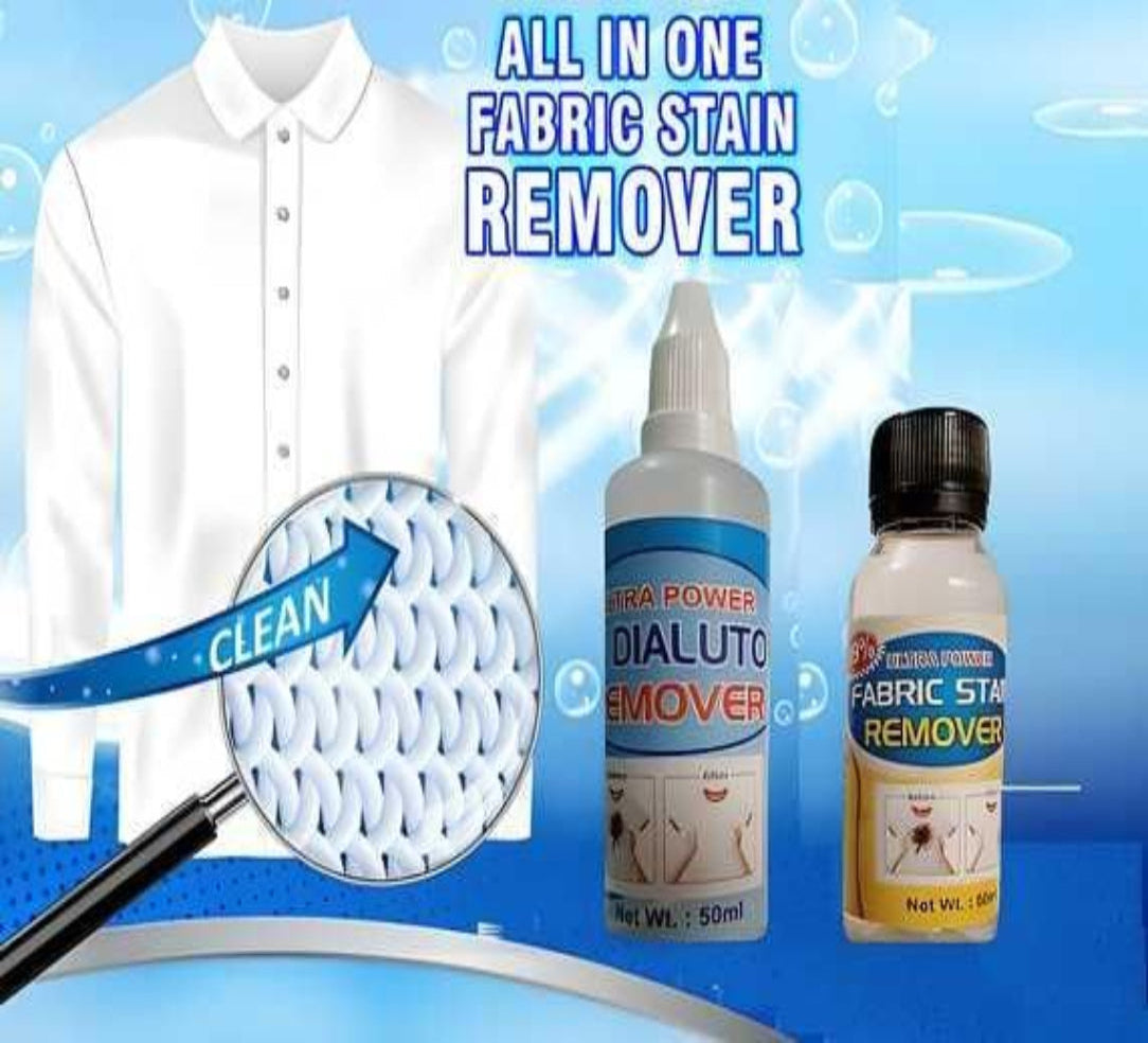 Fabric stain remover bottles with a white shirt and cleaning action illustration on a blue background.