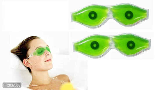 Woman wearing green eye masks with a close-up of the eye masks on a white background