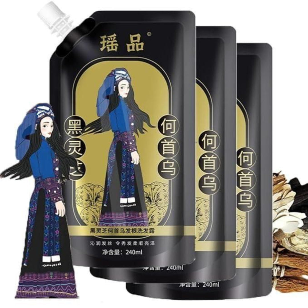 Three black hair care packages with a character illustration on a white background