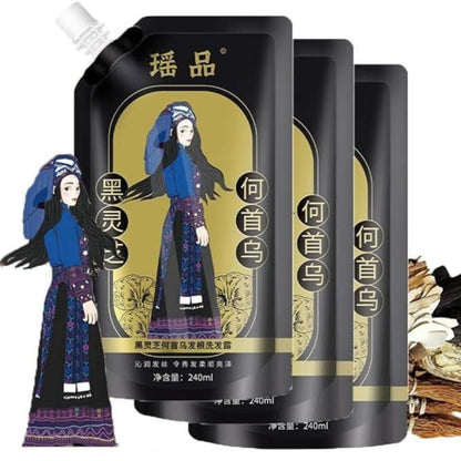 Three black hair care packages with a character illustration on a white background