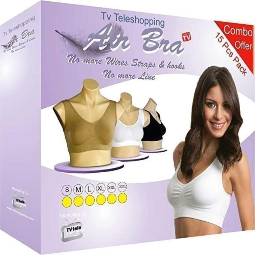 Box of Air Bra with mannequin display and woman wearing bra on a purple background