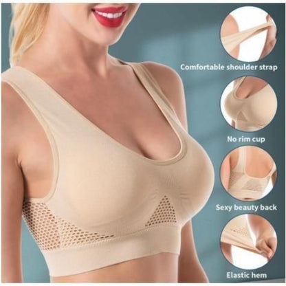 Beige bra with features highlighted on a blue background