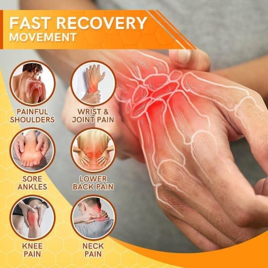 Illustration of a hand with pain points and text about fast recovery movement for various body parts.