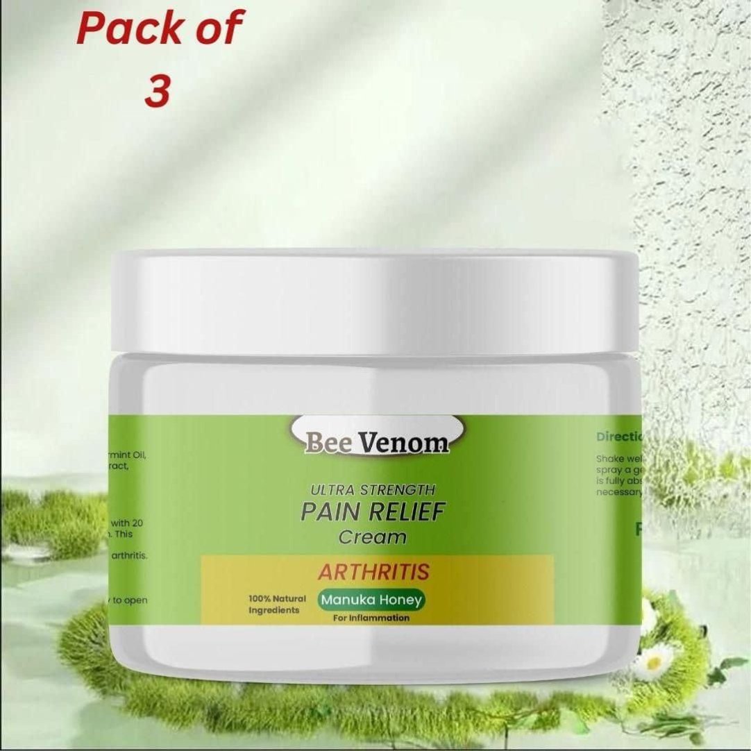 A container of Bee Venom Ultra Strength Pain Relief Cream with a label indicating it is a pack of 3, with additional text highlighting the cream's benefits for arthritis and joint pain relief.