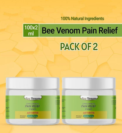 Two jars of Bee Venom Ultra Strength Pain Relief Cream, 100 grams each, with a promotional offer of buy one get one free. The cream is marketed as 100% natural and is designed for all skin types.