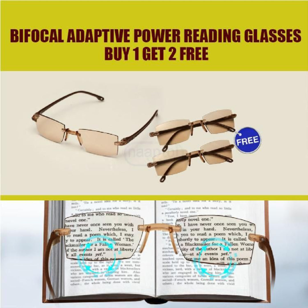 Bifocal adaptive power reading glasses with promotional text on a book background