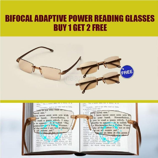 Bifocal adaptive power reading glasses with promotional text on a book background