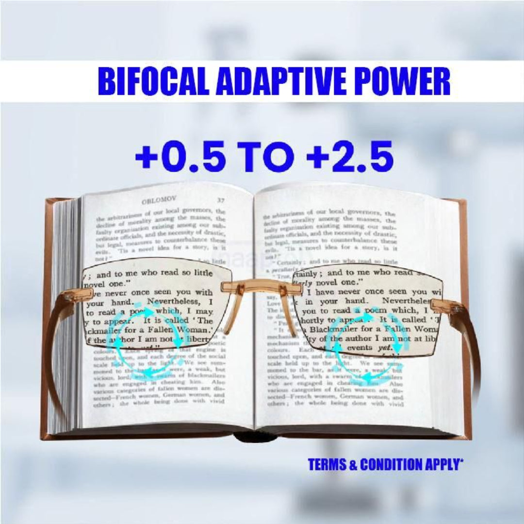 Open book with bifocal glasses on a blurred background, promoting bifocal adaptive power lenses.