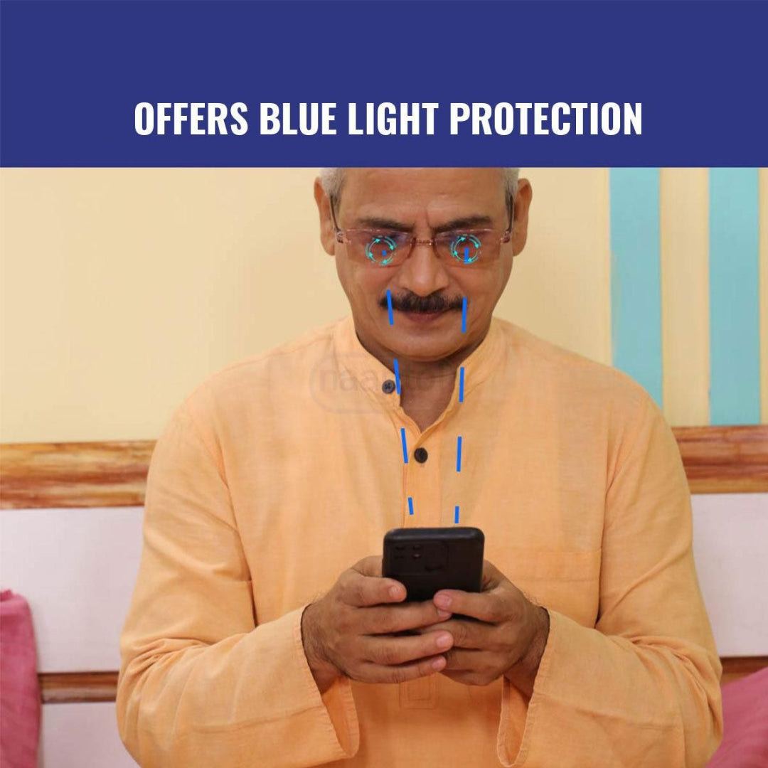 Man using a smartphone with blue light protection features highlighted, sitting on a couch.