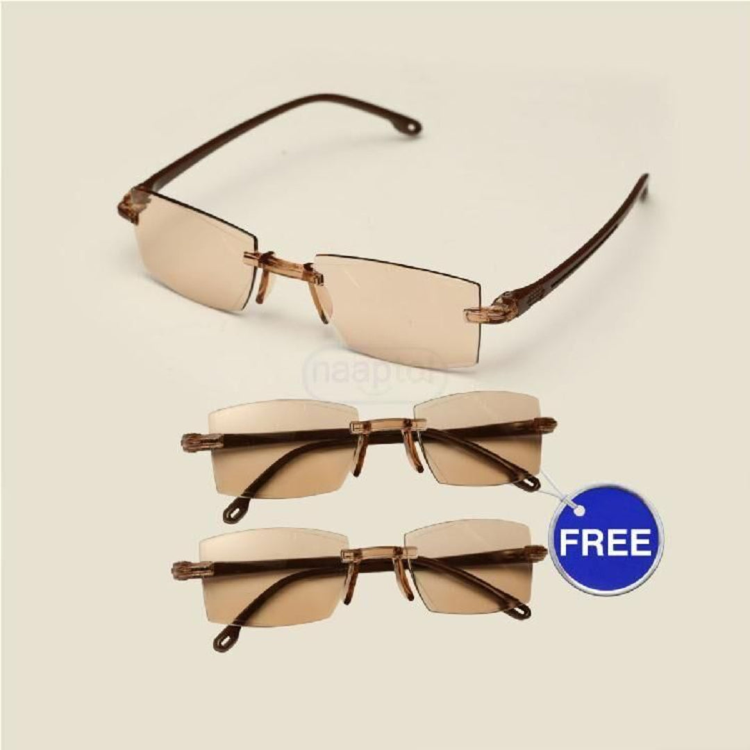 Set of rimless glasses with a free offer symbol on a beige background