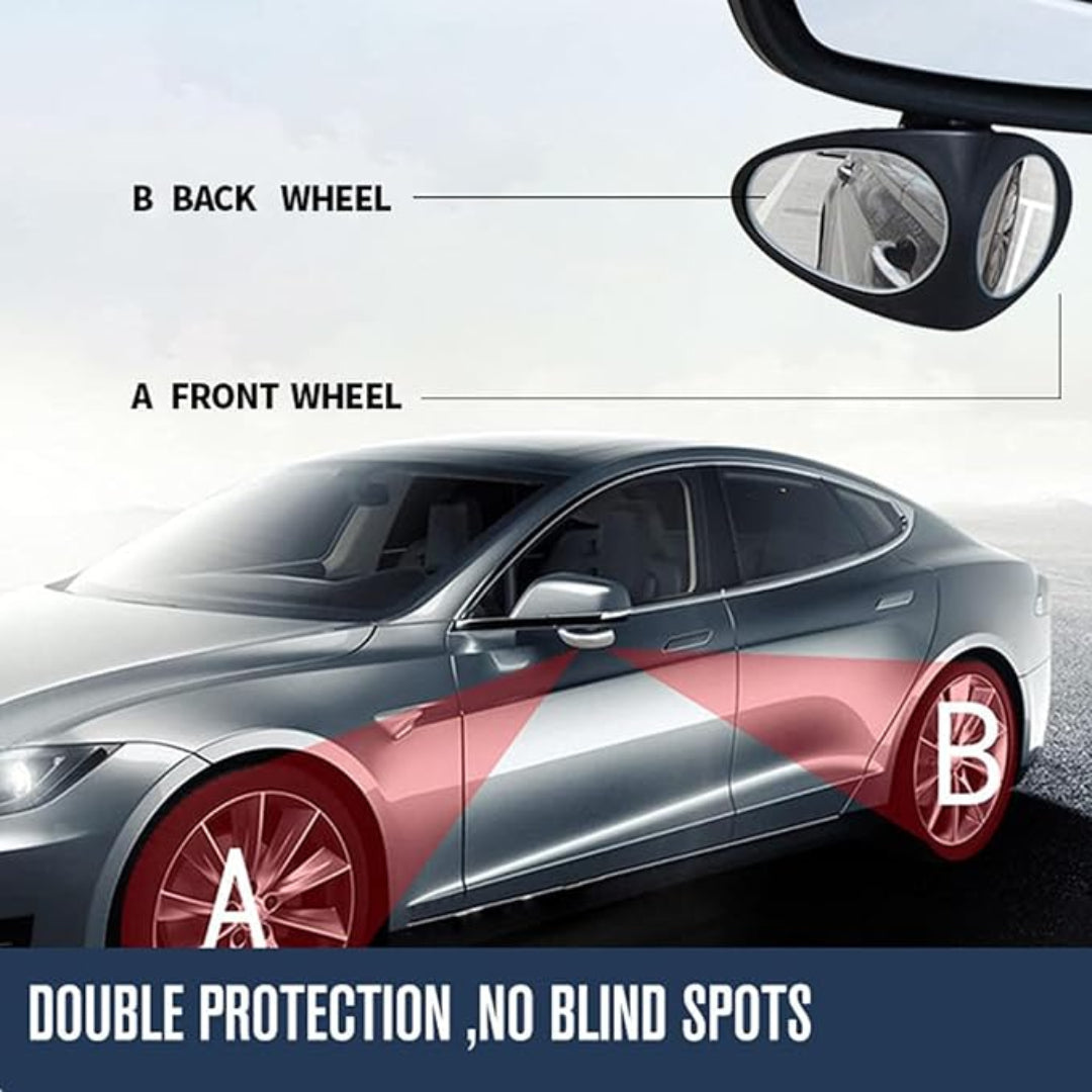Car with labeled front and back wheels and a side mirror, emphasizing 'Double Protection, No Blind Spots'.