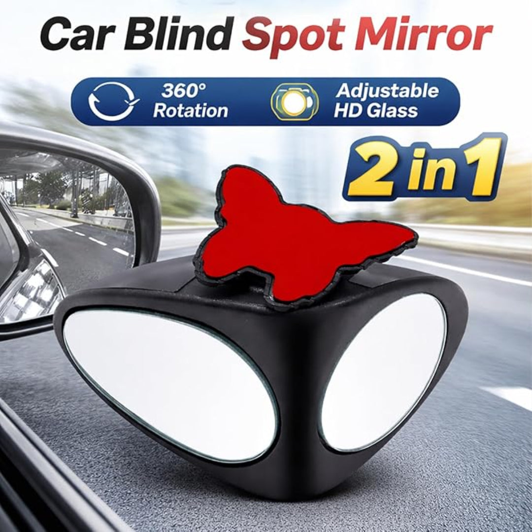 Car blind spot mirror with 360-degree rotation and adjustable HD glass on a car window.