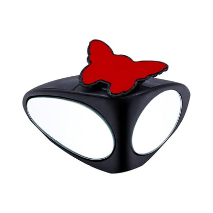 Black magnifying glass with a red butterfly on a white background
