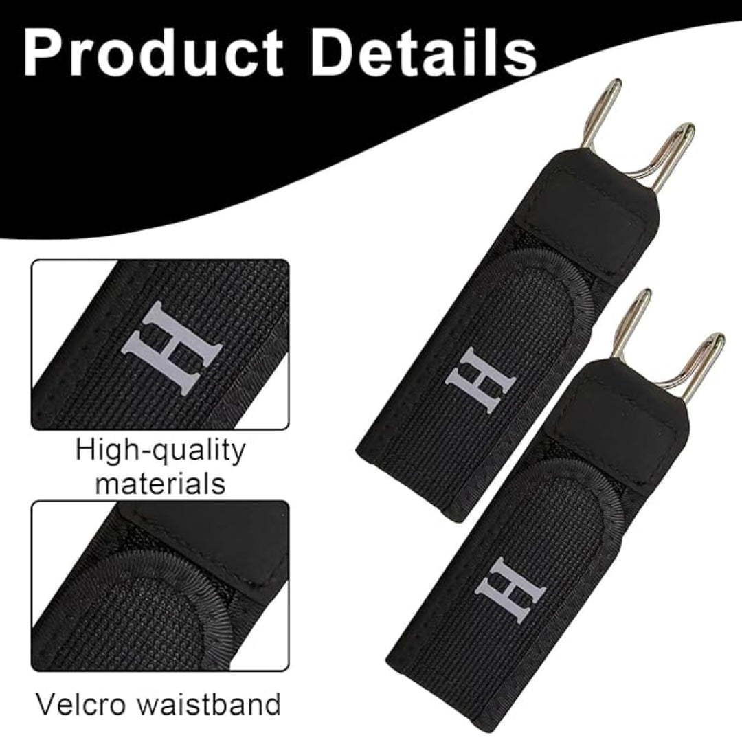 Black waistbands with metal hooks and high-quality materials text on a white background