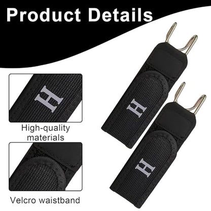 Black waistbands with metal hooks and high-quality materials text on a white background