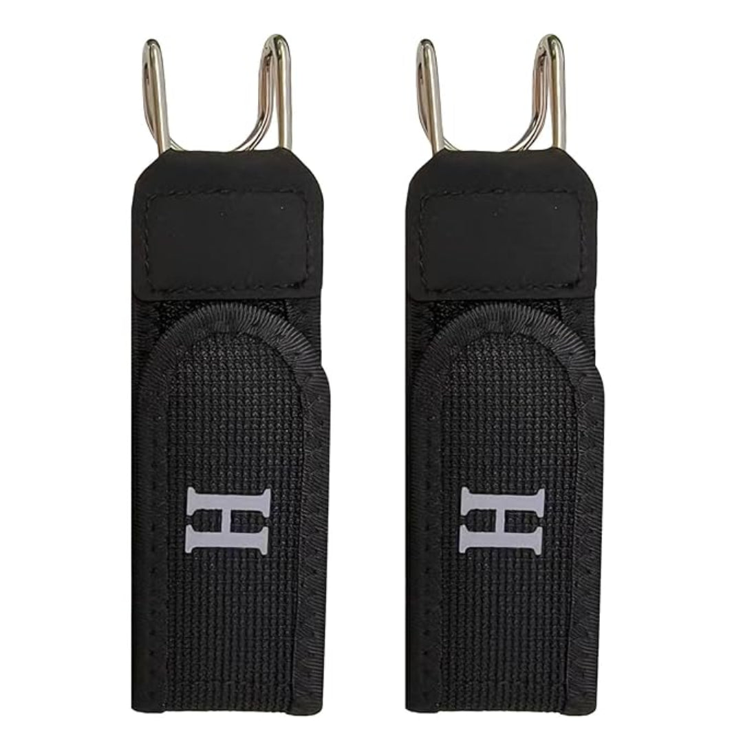 Two black strap enders with metal hooks on a white background
